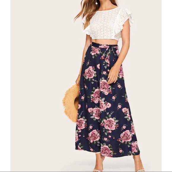amourOC Pants - Belted Floral Pattern Wide Leg Pants